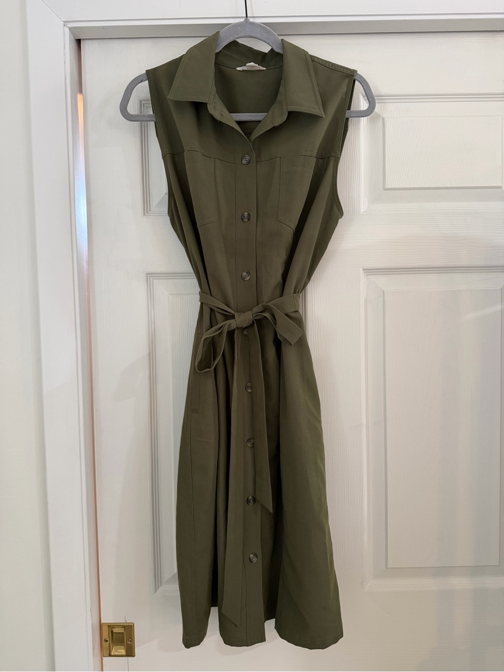 Caslon Olive Green Sleeveless Button-Front Midi Dress with Tie Waist